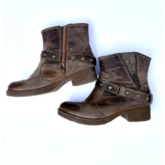 Boc Distressed Leather Harness Ankle Boot Women 9 M Brown Side Zip Heel Gx - Picture 1 of 10